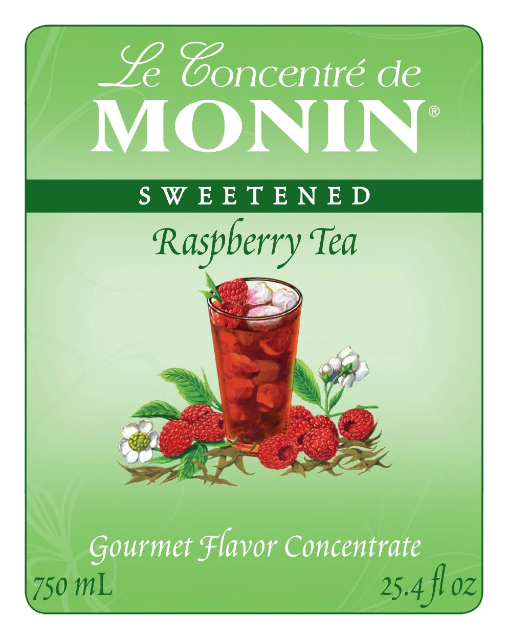 Bouteille de sirop de grenadine Monin avec étiquette verte et illustration de grenade rouge