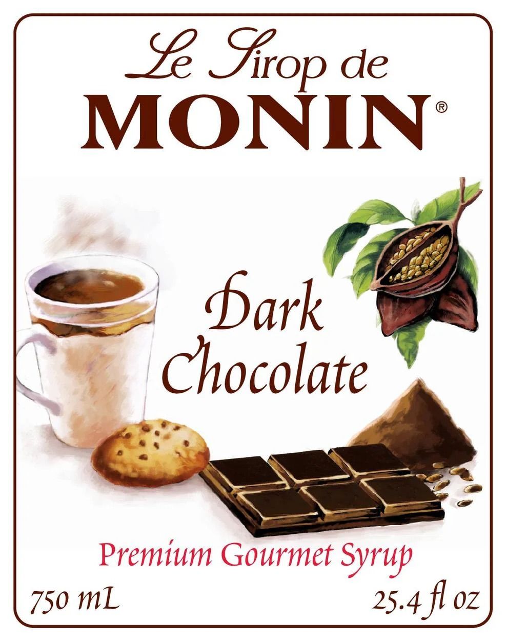 Bouteille de sirop de chocolat noir Monin avec étiquette blanche et liquide rouge foncé à l'intérieur