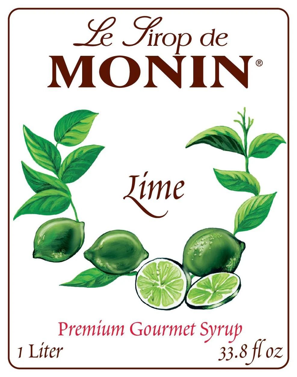Bouteille de sirop de citron vert MONIN avec illustrations de citron vert sur fond blanc