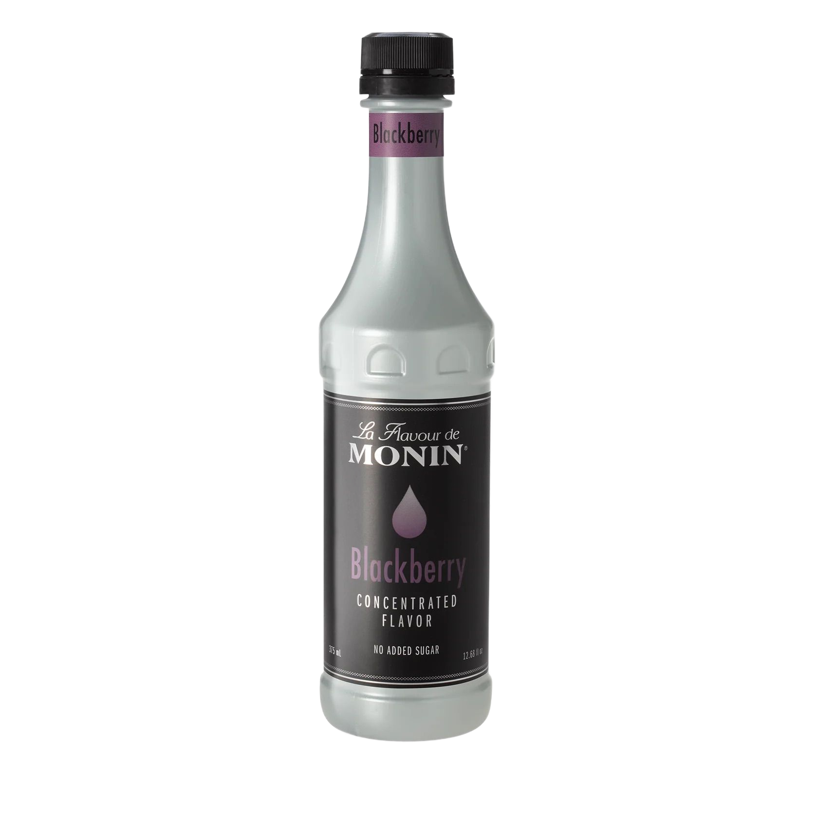 Bouteille de sirop de mûre Monin pour cocktail, avec étiquette noire et bouchon argenté sur fond blanc.