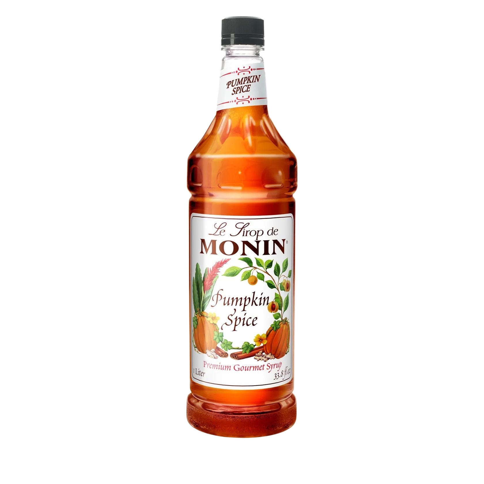 Bouteille de sirop Monin Pumpkin Spice contenant un liquide ambré et une étiquette aux motifs automnaux sur fond blanc