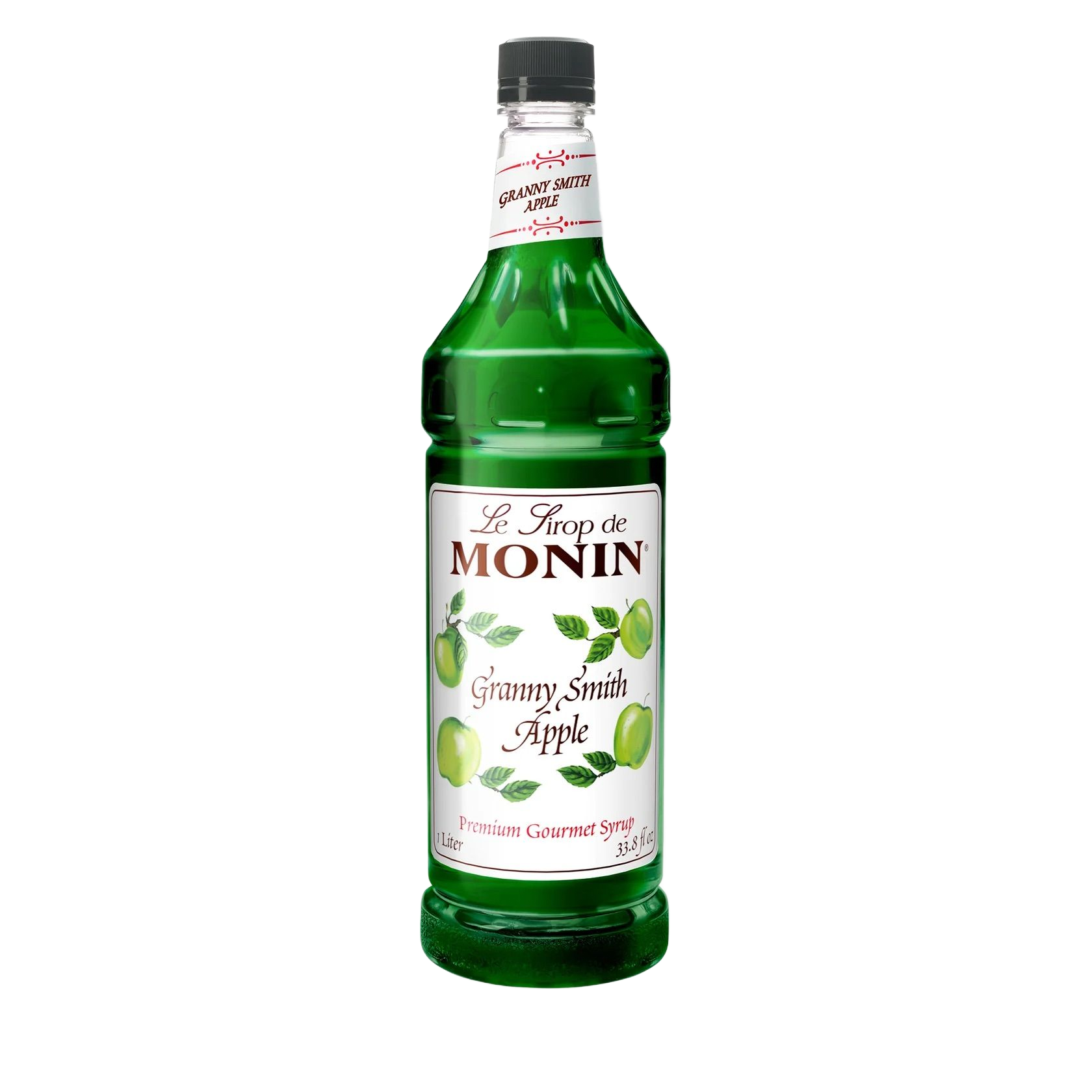 Bouteille de sirop de pomme verte Monin sur fond blanc