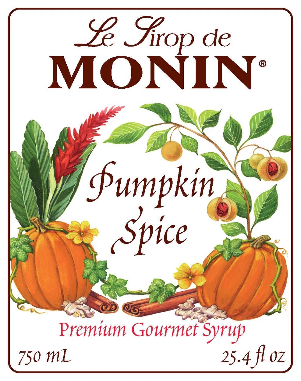 Bouteille de sirop Monin Pumpkin Spice contenant un liquide ambré et une étiquette aux motifs automnaux sur fond blanc
