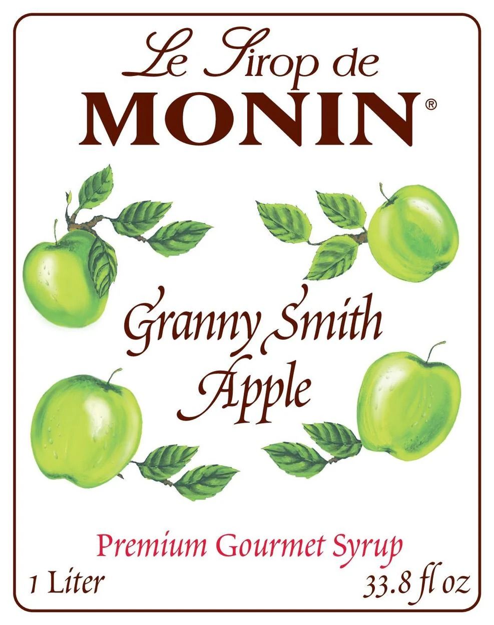 Bouteille de sirop de pomme verte Monin sur fond blanc