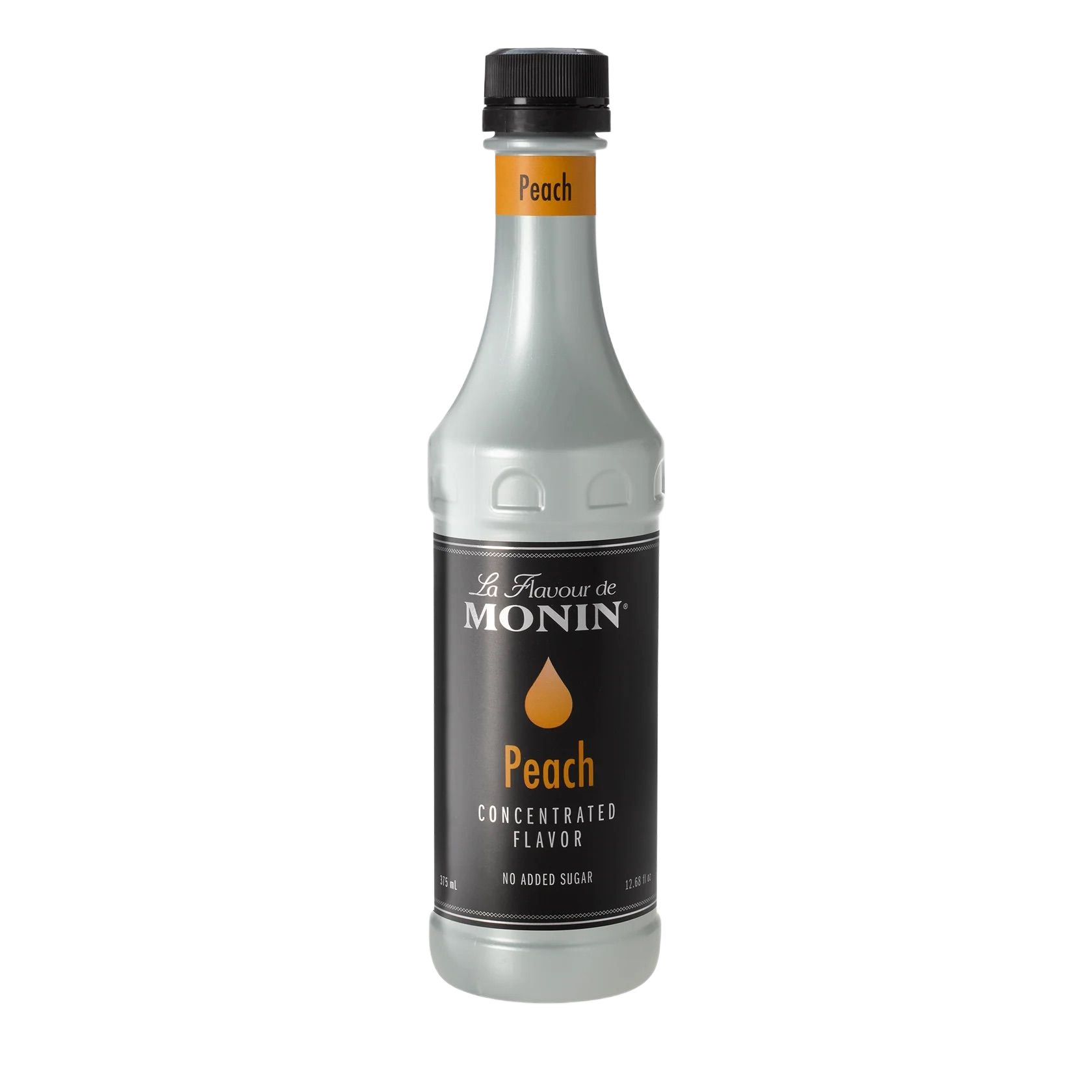 Bouteille de sirop à saveur de pêche MONIN avec étiquette noire et détails dorés