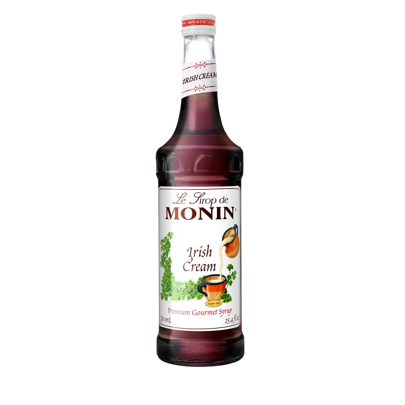 Bouteille de sirop Monin Irish Cream avec étiquette blanche et liquide rouge foncé sur fond blanc