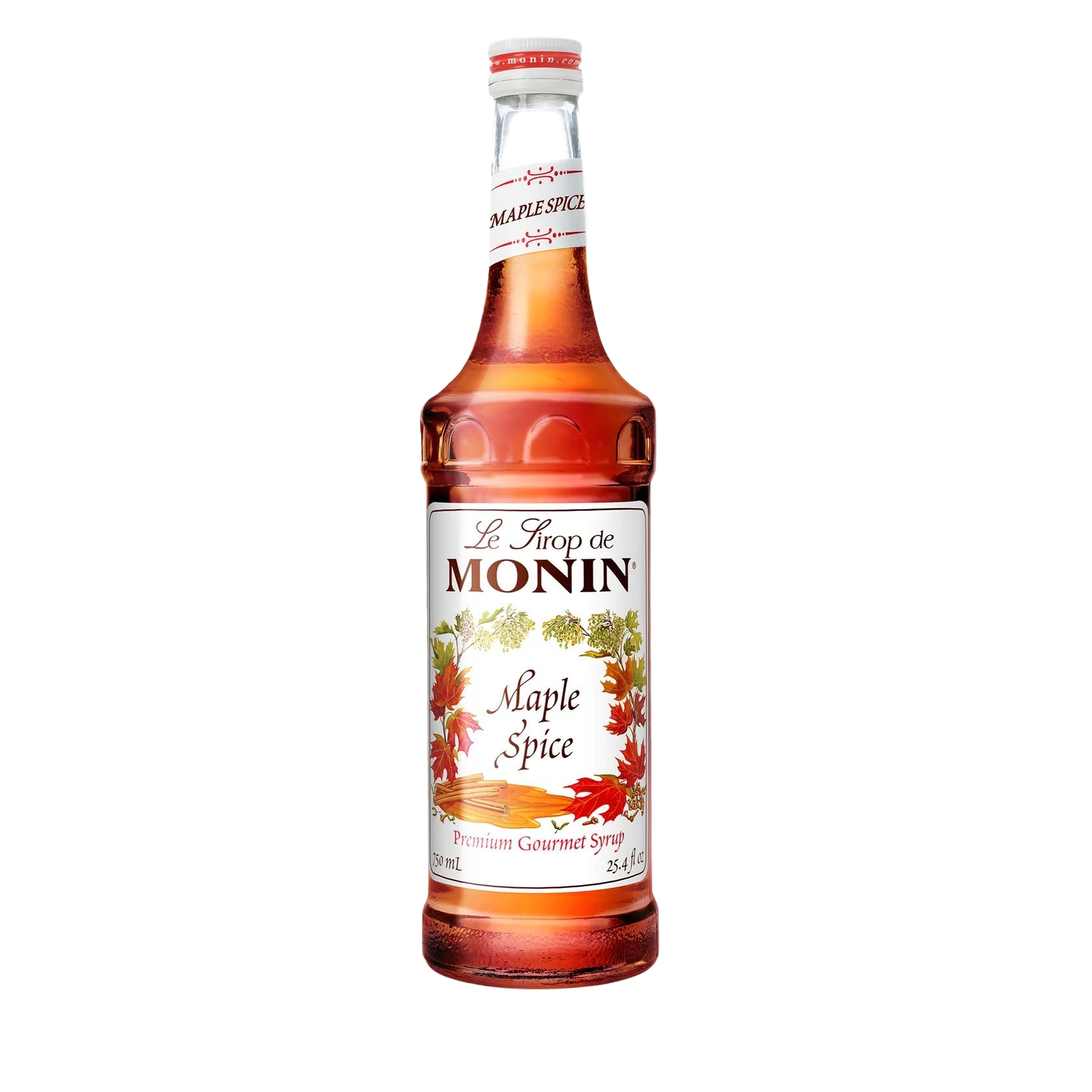 Bouteille de sirop Monin Érable Épicé contenant un liquide ambré et une étiquette rouge sur fond blanc