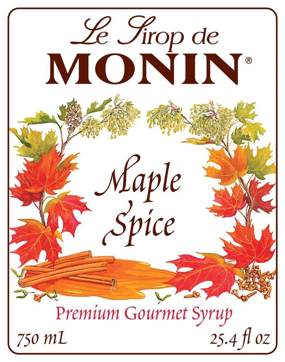 Bouteille de sirop Monin Érable Épicé contenant un liquide ambré et une étiquette rouge sur fond blanc