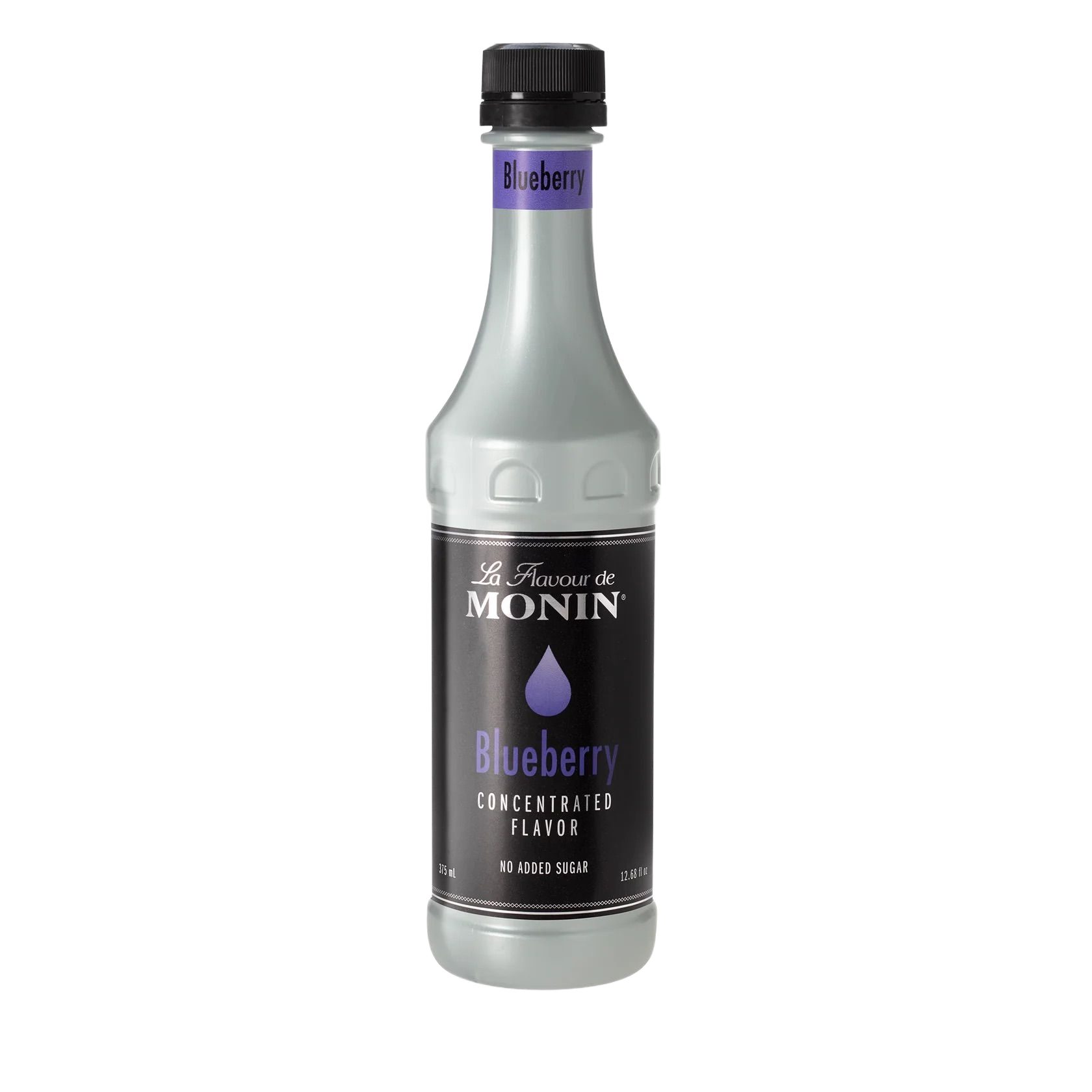 Bouteille de sirop de myrtille Monin avec bouchon noir sur fond blanc
