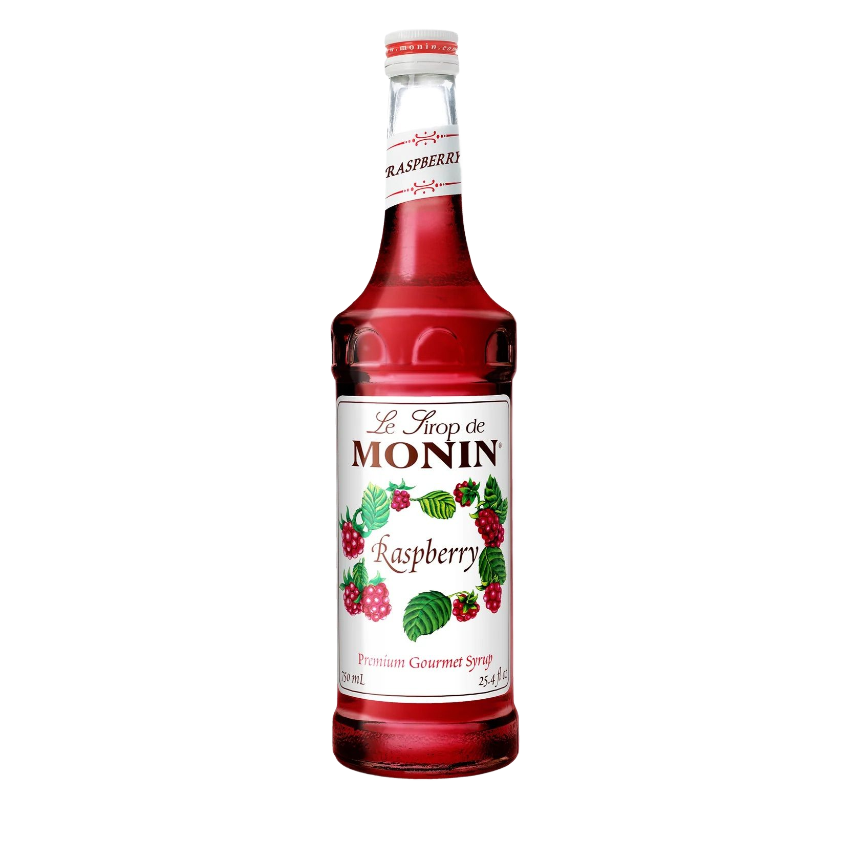 Bouteille de sirop de framboise Monin avec liquide rouge et illustrations de framboises sur fond blanc