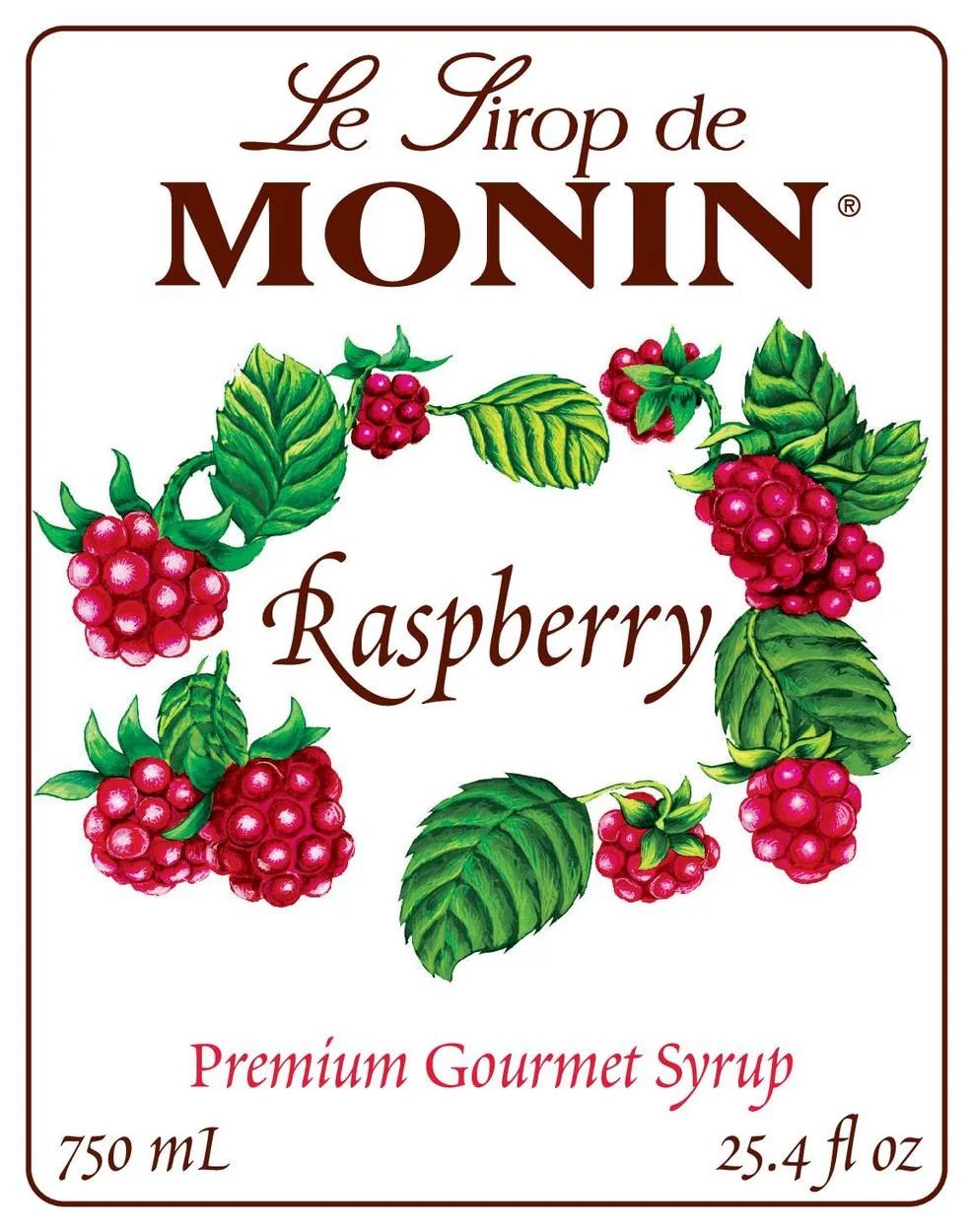 Bouteille de sirop de framboise Monin avec liquide rouge et illustrations de framboises sur fond blanc