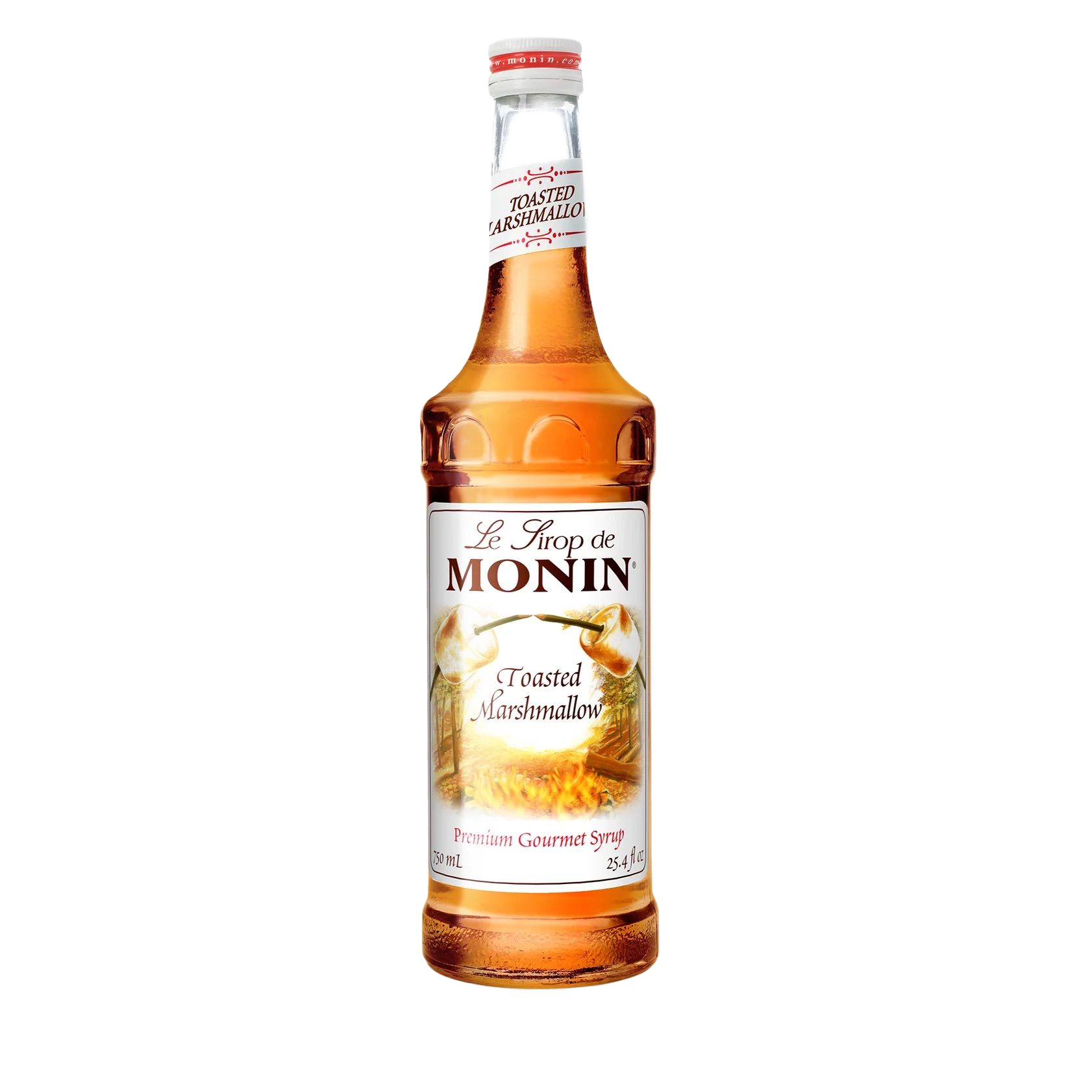 Bouteille de sirop Monin Miel Lavande, liquide ambré, étiquette blanche sur fond blanc.