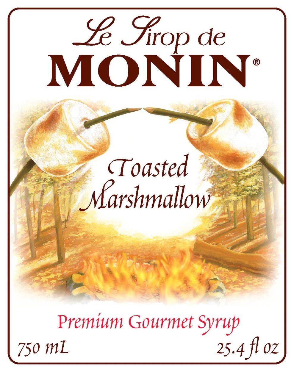 Bouteille de sirop Monin Miel Lavande, liquide ambré, étiquette blanche sur fond blanc.