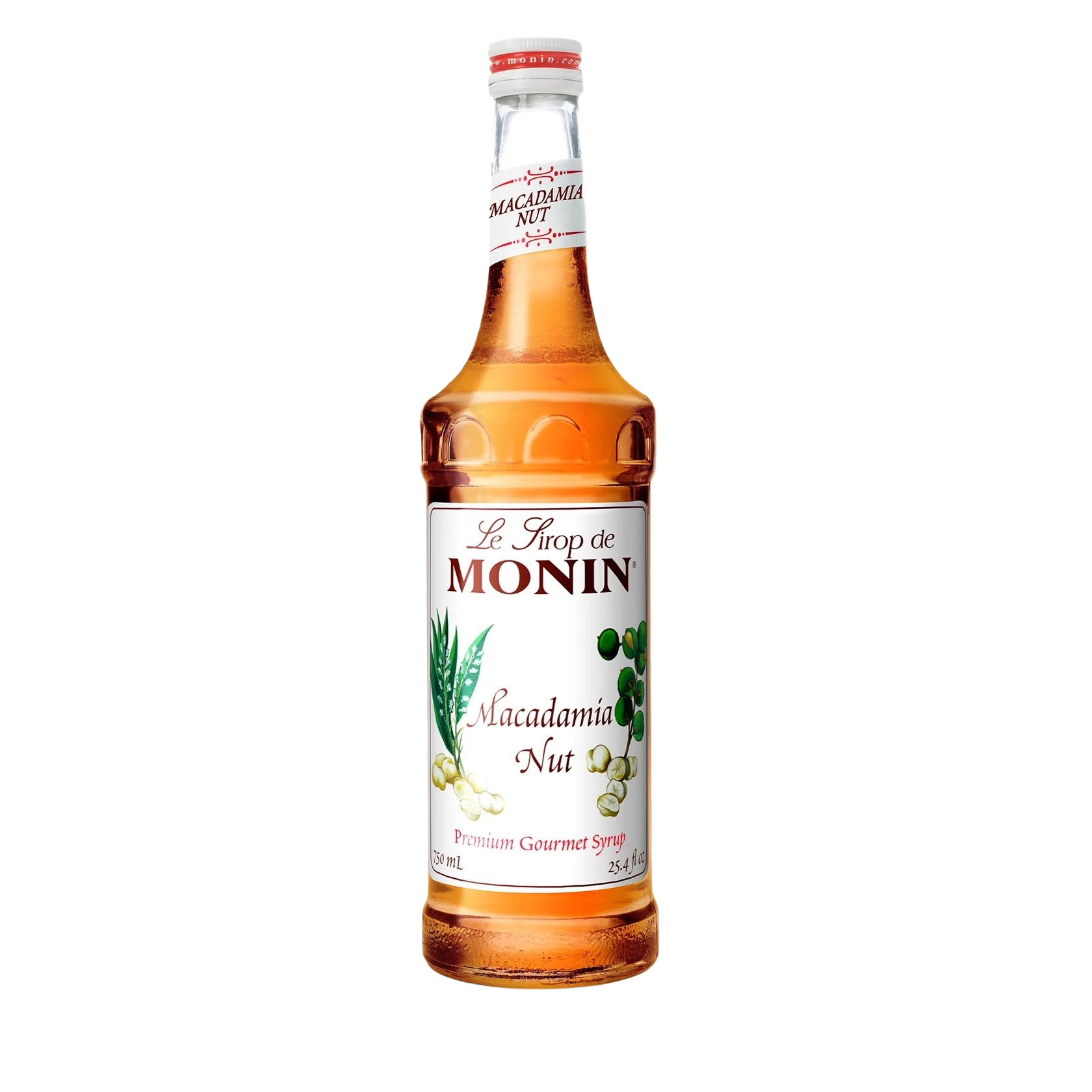Bouteille de sirop de noix de macadamia Monin avec liquide ambré et étiquette blanche sur fond uni