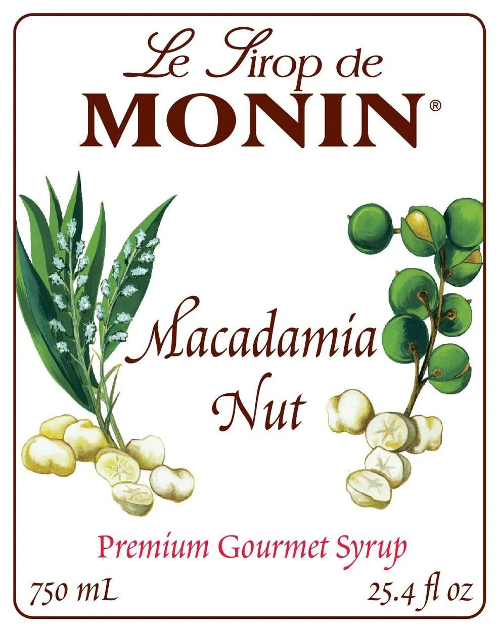 Bouteille de sirop de noix de macadamia Monin avec liquide ambré et étiquette blanche sur fond uni