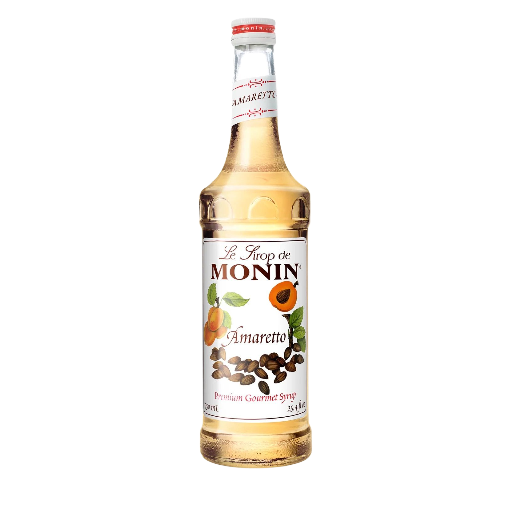 Bouteille de sirop de tiramisu Monin avec un liquide doré et une étiquette représentant des grains de café sur fond blanc