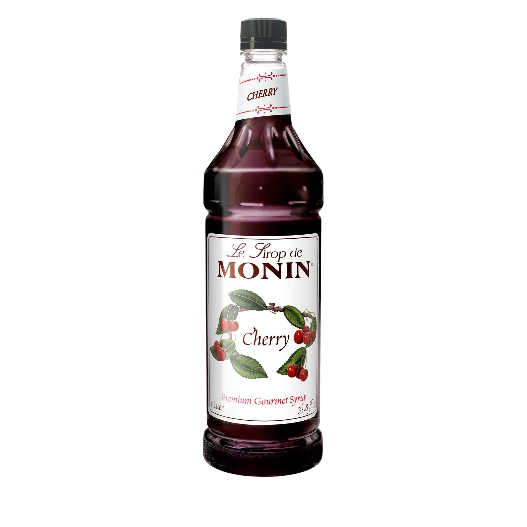 Bouteille de sirop de cerise Monin avec un liquide rouge foncé et une étiquette blanche sur fond uni