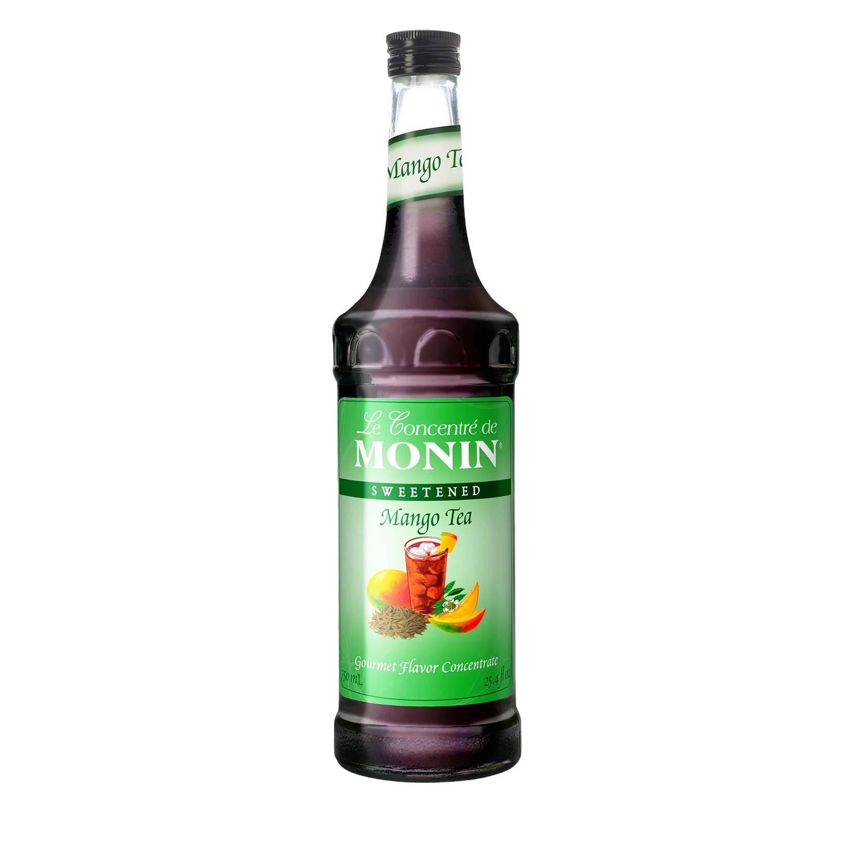 Bouteille de sirop de fruits Monin avec étiquette verte et liquide violet foncé sur fond blanc