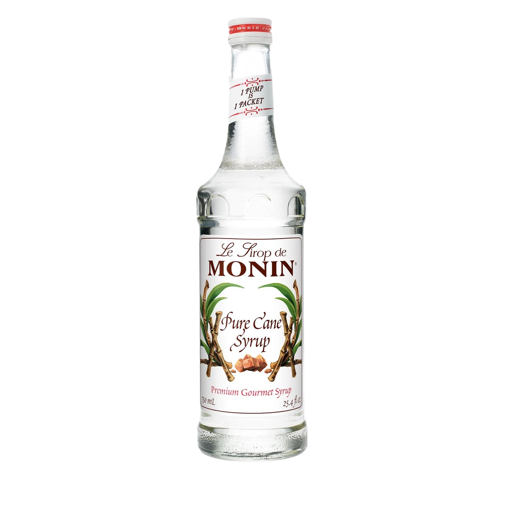 Bouteille de sirop de gingembre Monin en verre transparent avec étiquette blanche sur fond blanc