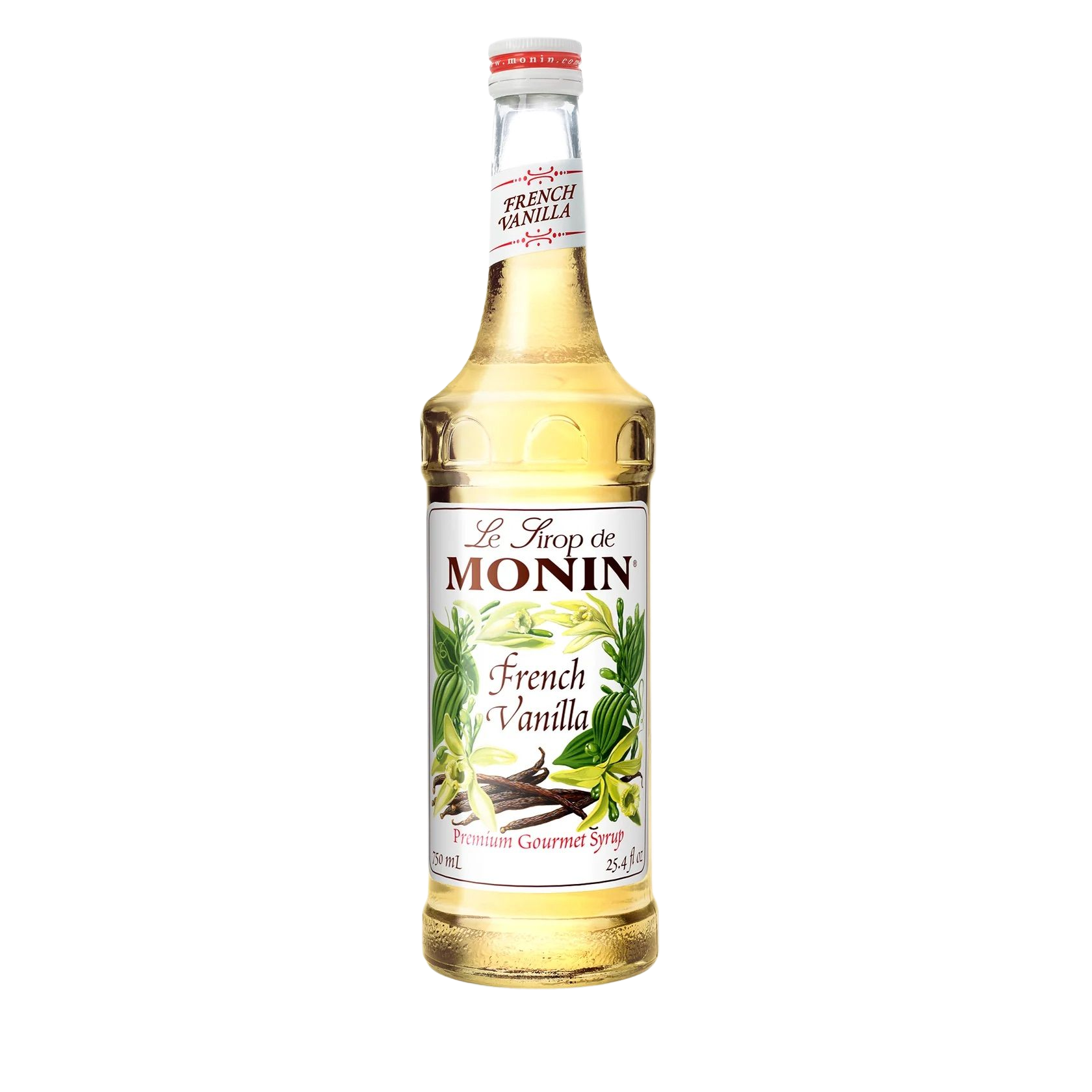 Bouteille de sirop de vanille française Monin contenant un liquide jaune pâle et une étiquette florale sur fond blanc.