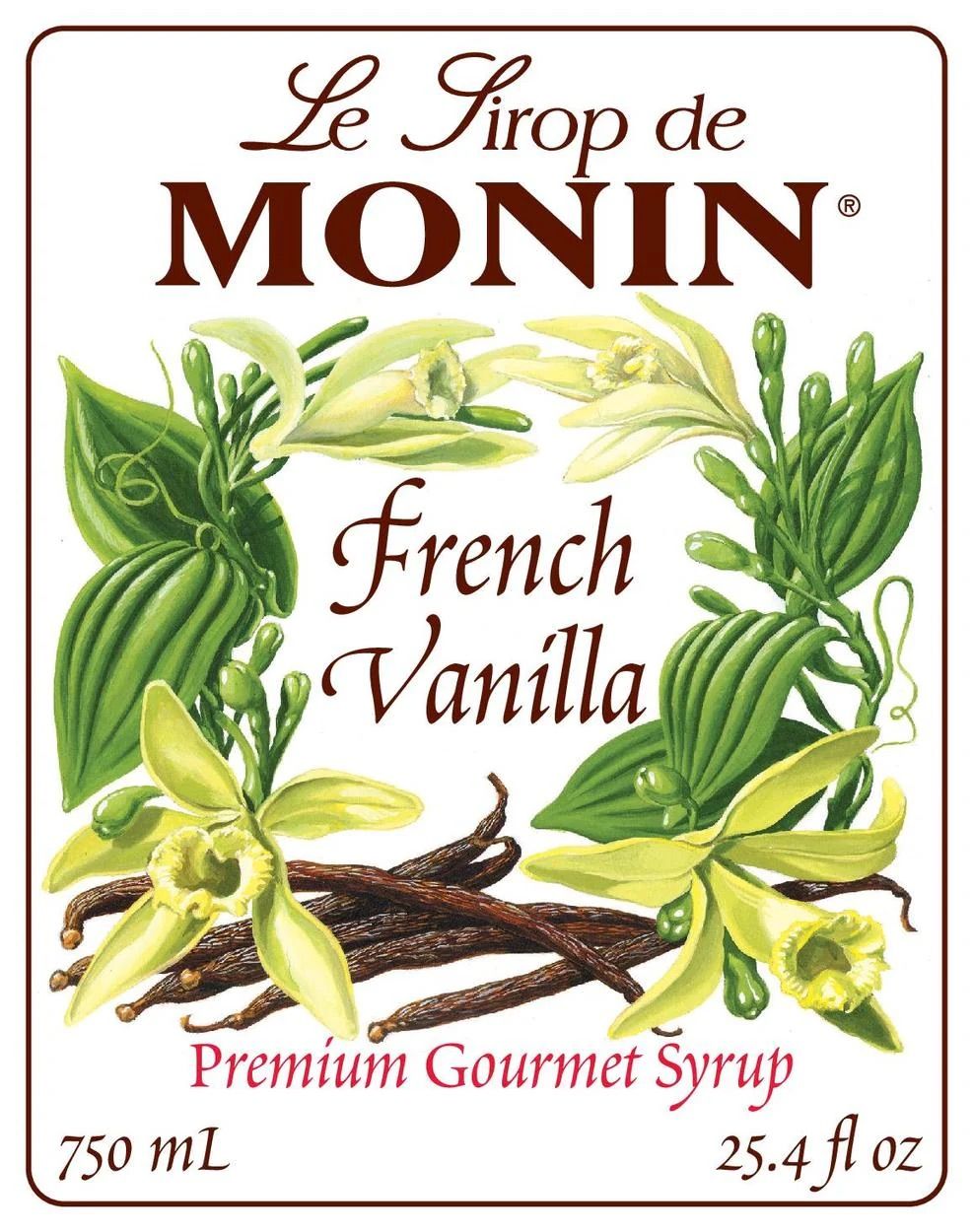 Bouteille de sirop de vanille française Monin contenant un liquide jaune pâle et une étiquette florale sur fond blanc.