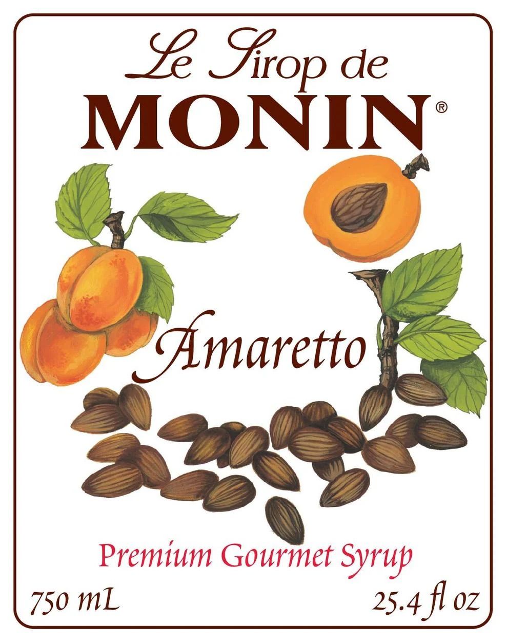 Bouteille de sirop de tiramisu Monin avec un liquide doré et une étiquette représentant des grains de café sur fond blanc