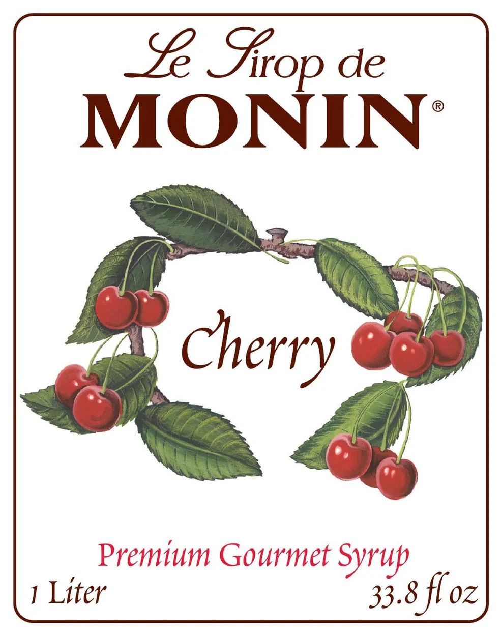 Bouteille de sirop de cerise Monin avec un liquide rouge foncé et une étiquette blanche sur fond uni
