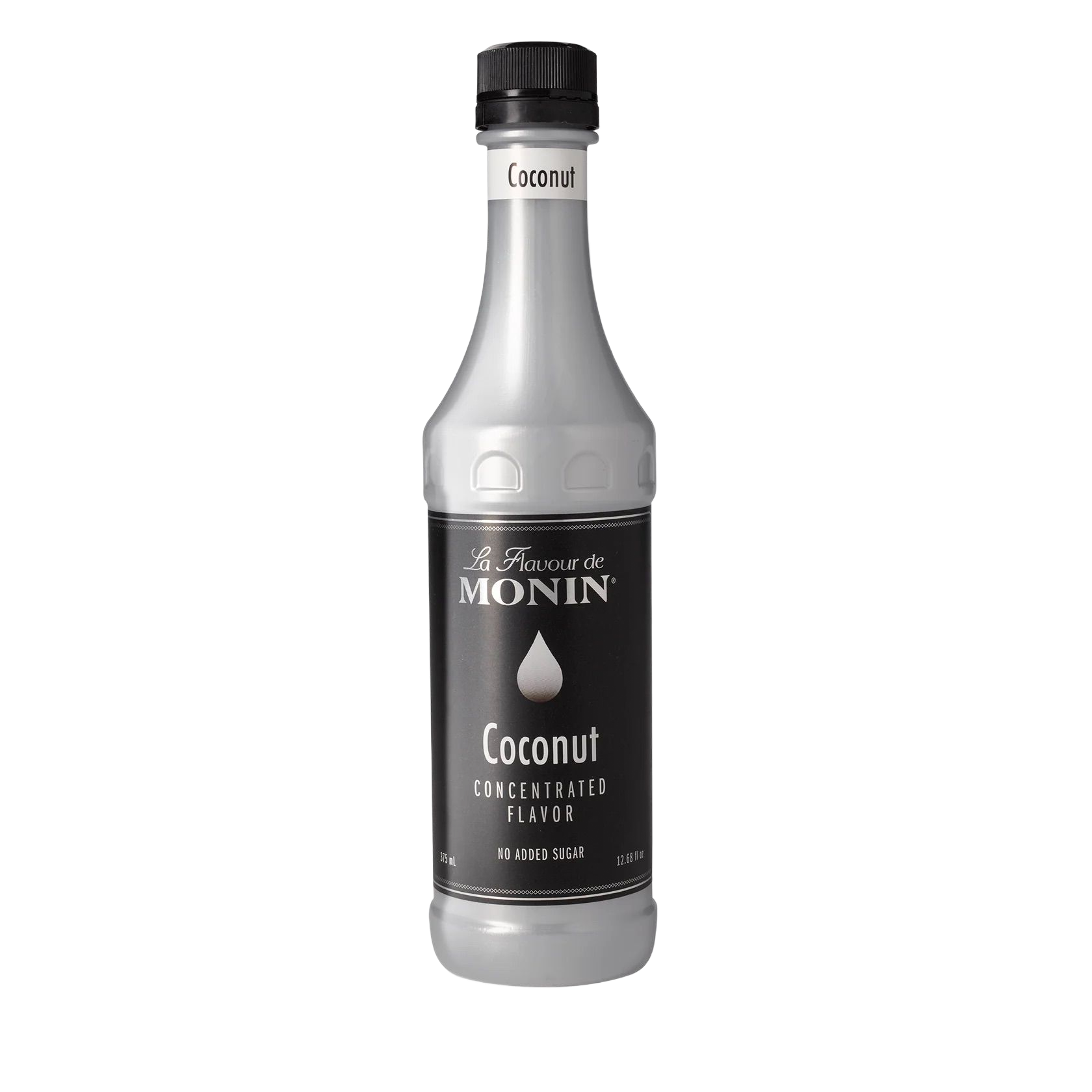 Bouteille de sirop de noix de coco Monin, en verre transparent avec étiquette et bouchon noirs sur fond blanc