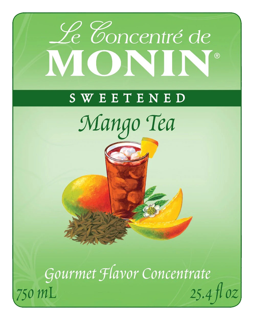 Bouteille de sirop de fruits Monin avec étiquette verte et liquide violet foncé sur fond blanc