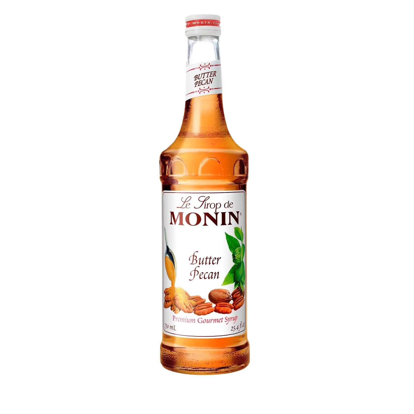 Bouteille de sirop de caramel sans sucre Monin, à liquide ambré et étiquette blanche sur fond blanc.