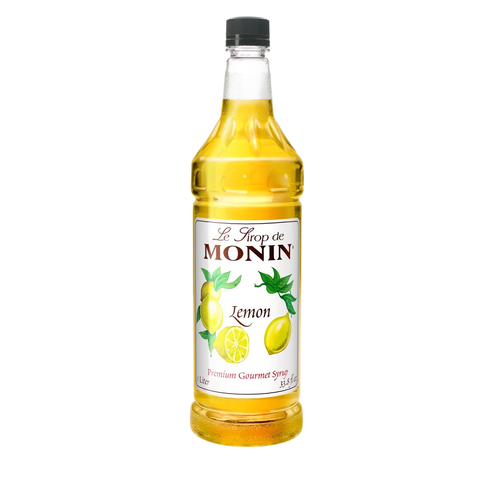 Bouteille de sirop de citron Monin contenant un liquide jaune et ornée d'illustrations de citrons sur fond blanc.