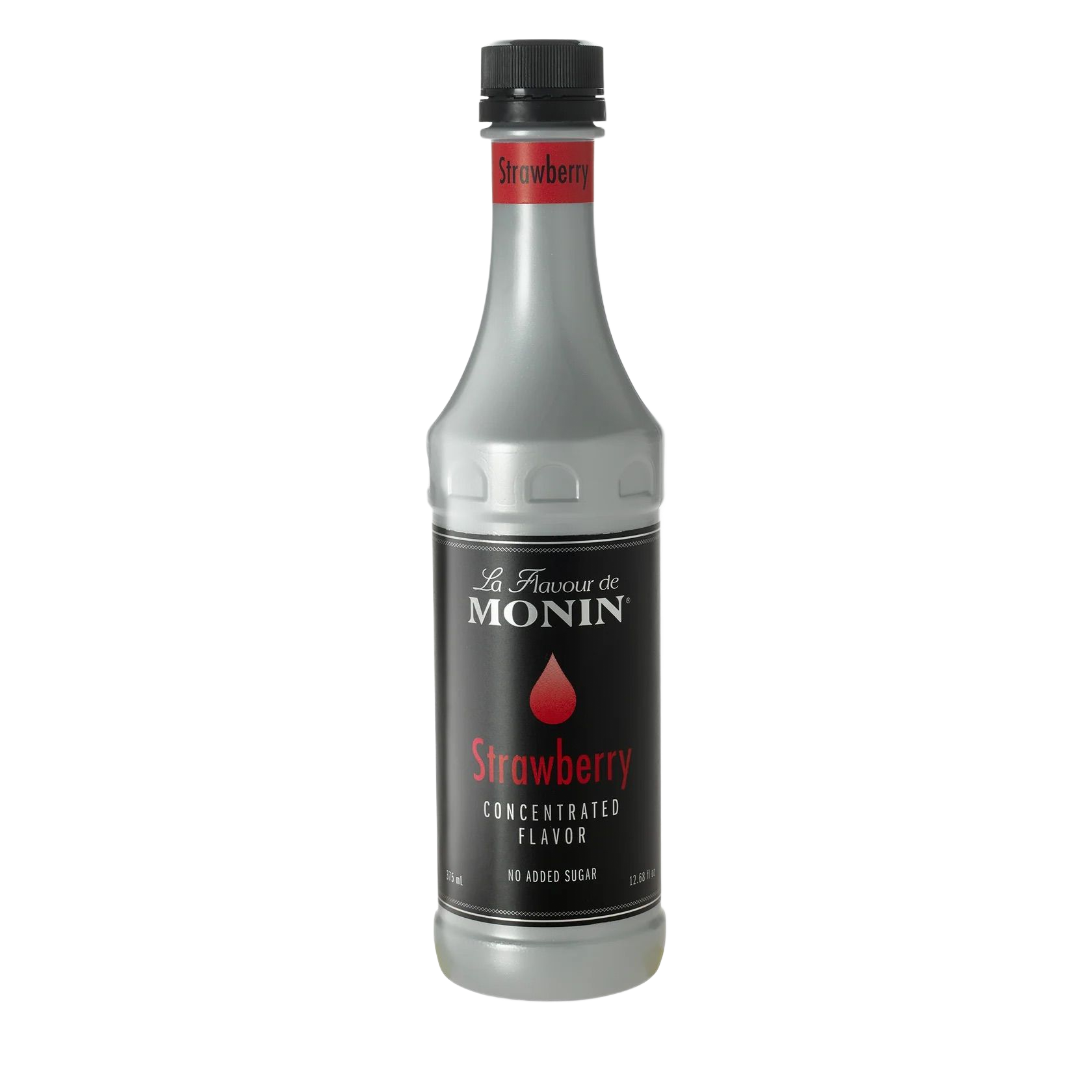 Bouteille de sirop de fraise Monin avec étiquette rouge et bouchon noir sur fond blanc