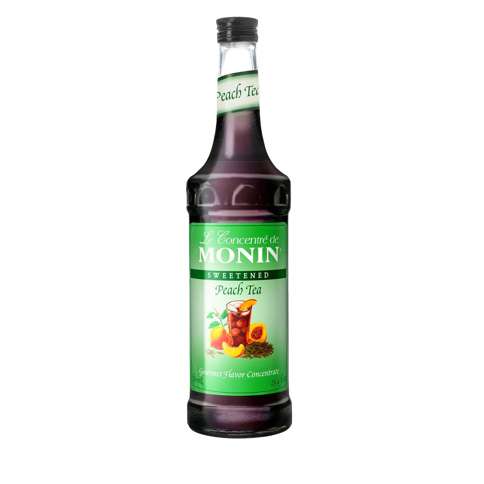 Bouteille de sirop de pêche Monin avec étiquette verte et bouchon noir sur fond blanc