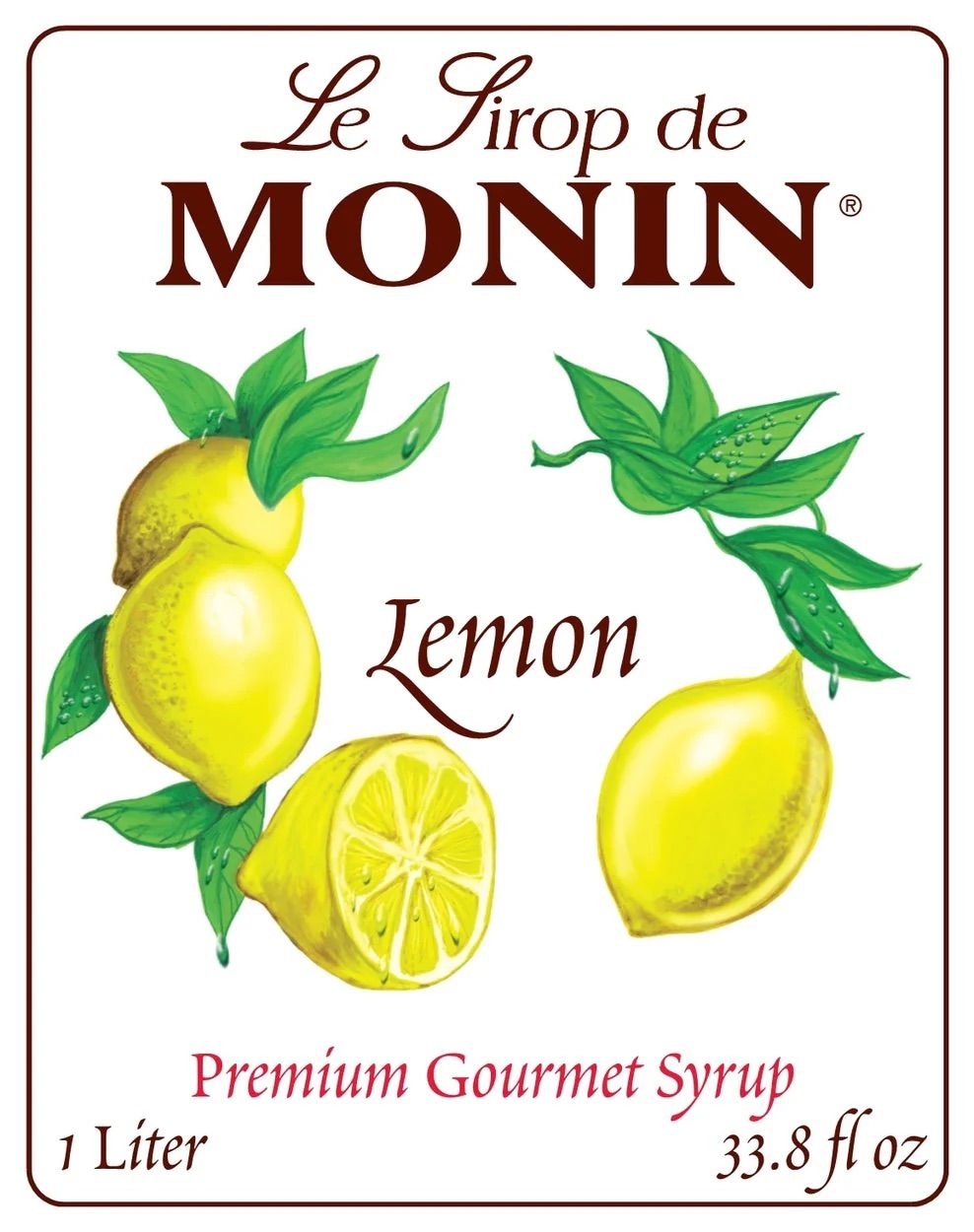 Bouteille de sirop de citron Monin contenant un liquide jaune et ornée d'illustrations de citrons sur fond blanc.