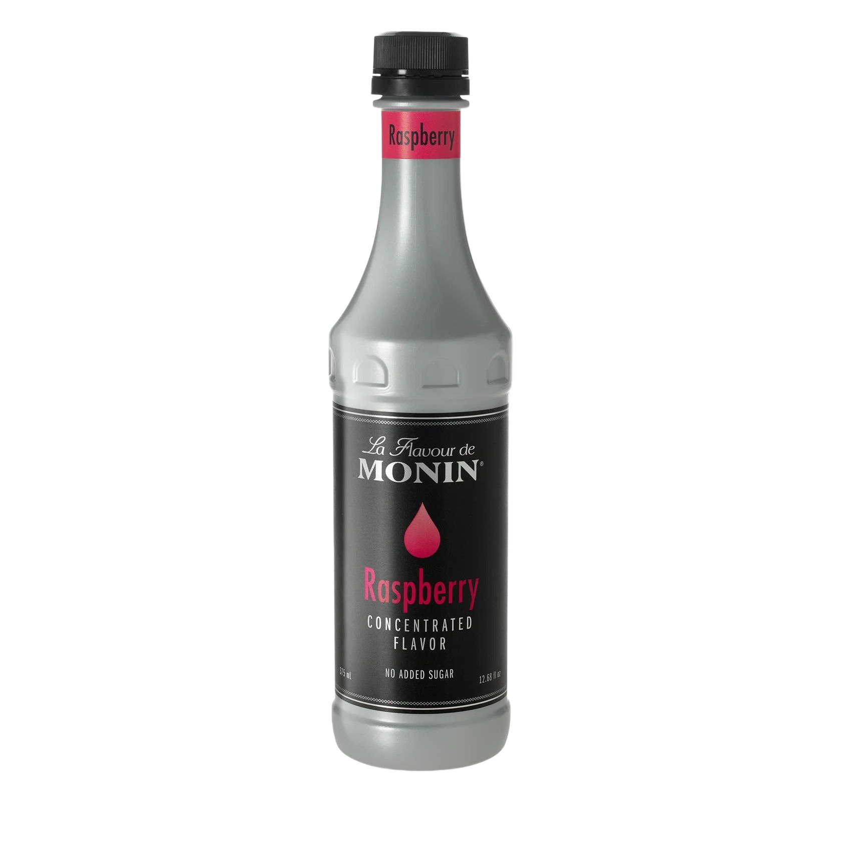 Bouteille de sirop de framboise Monin avec étiquette noire et touches de rose sur fond blanc