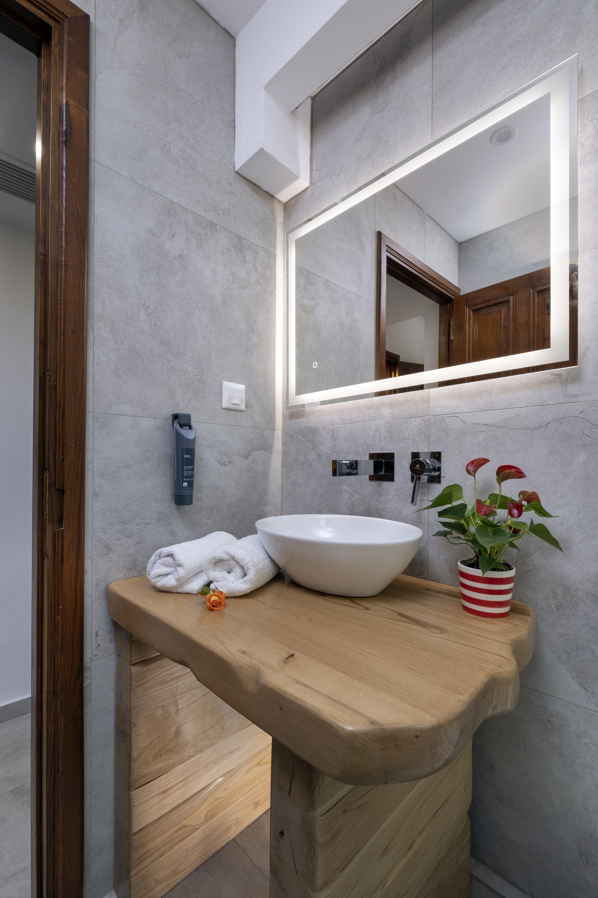 Bathroom with a wooden sink, white bowl, mirror with LED lights, and a small potted plant.