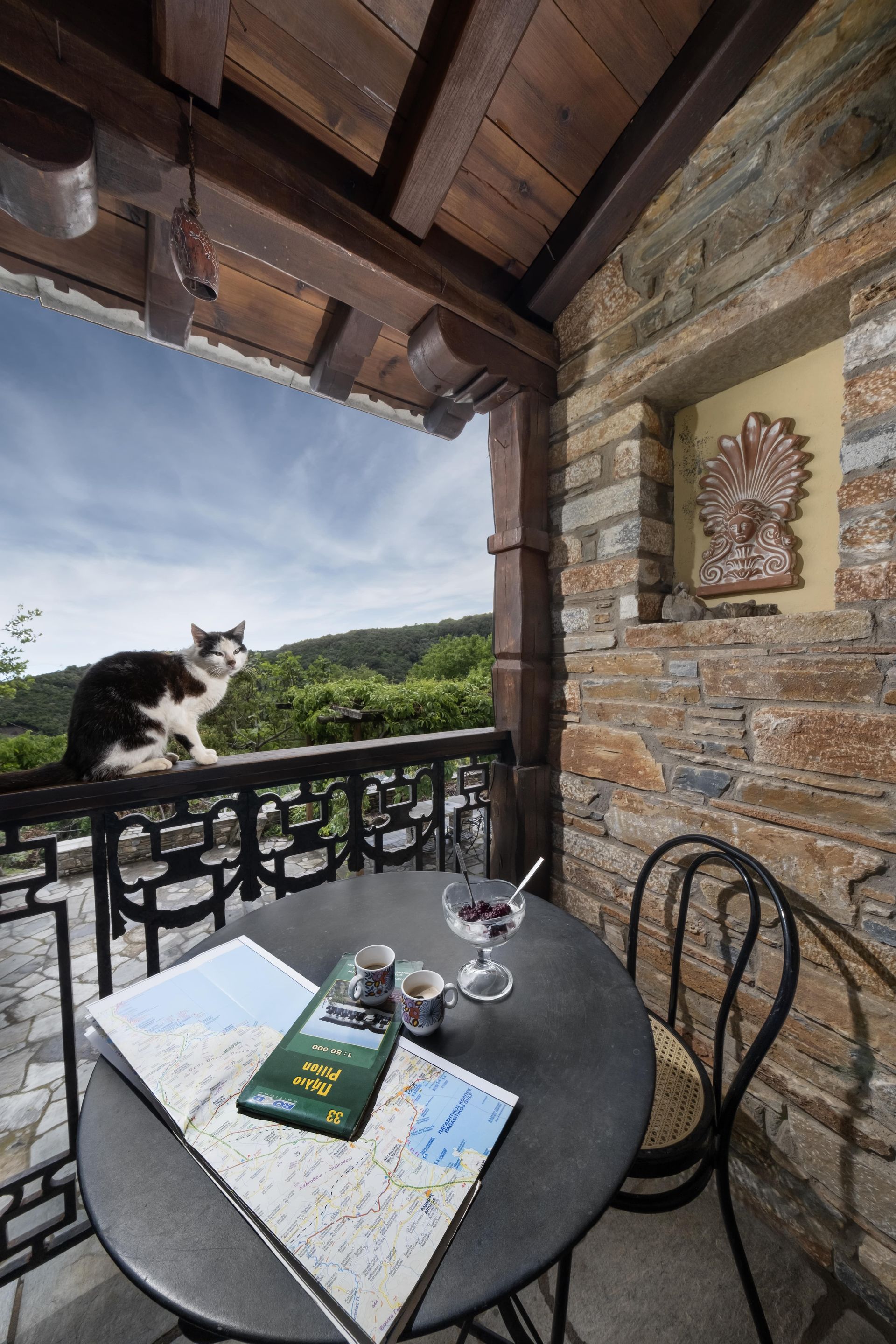 Cat on balcony with table, map, and view of forest. Stone walls, wooden beams, blue sky.