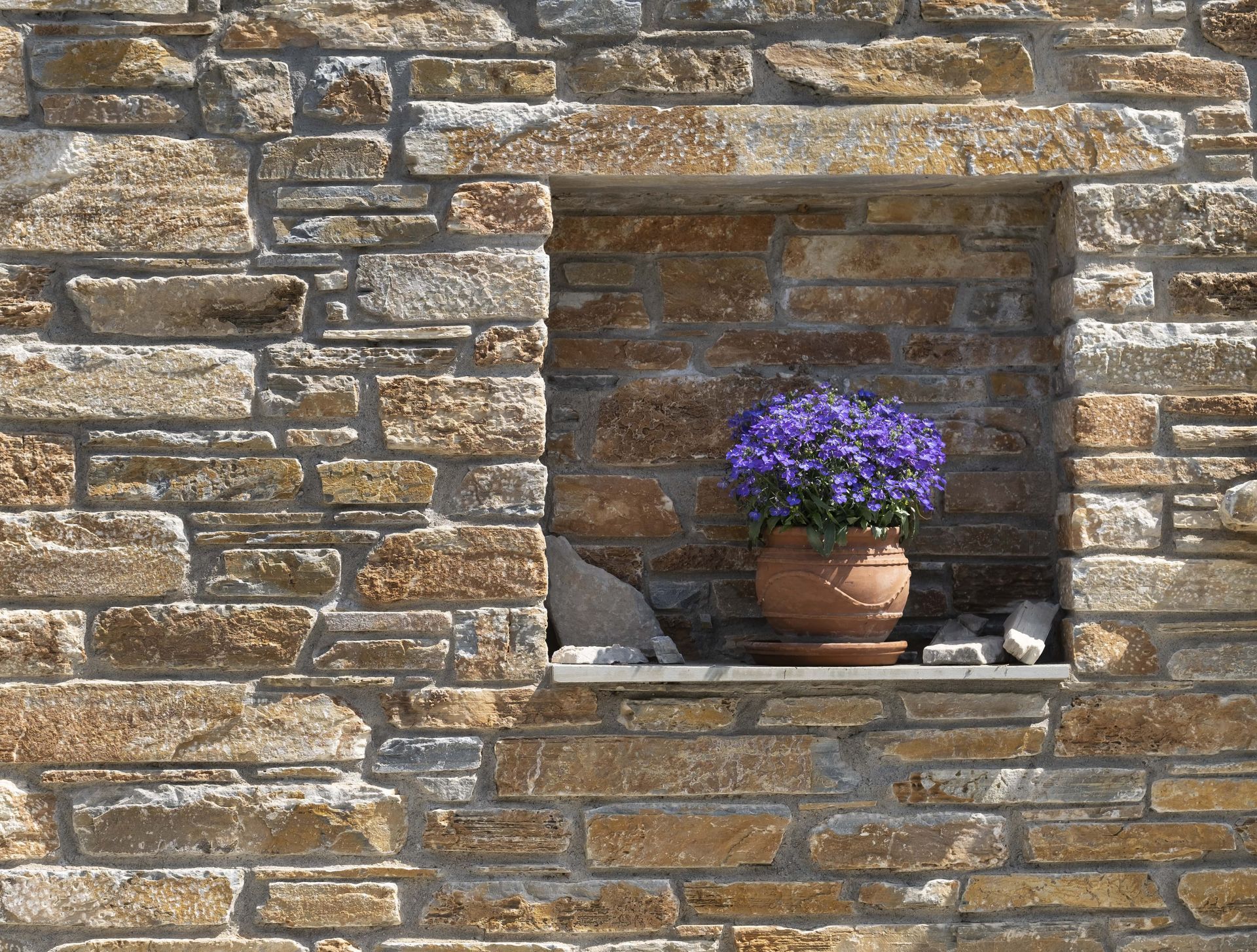 Stone wall with a recessed shelf holding a potted plant with purple flowers.