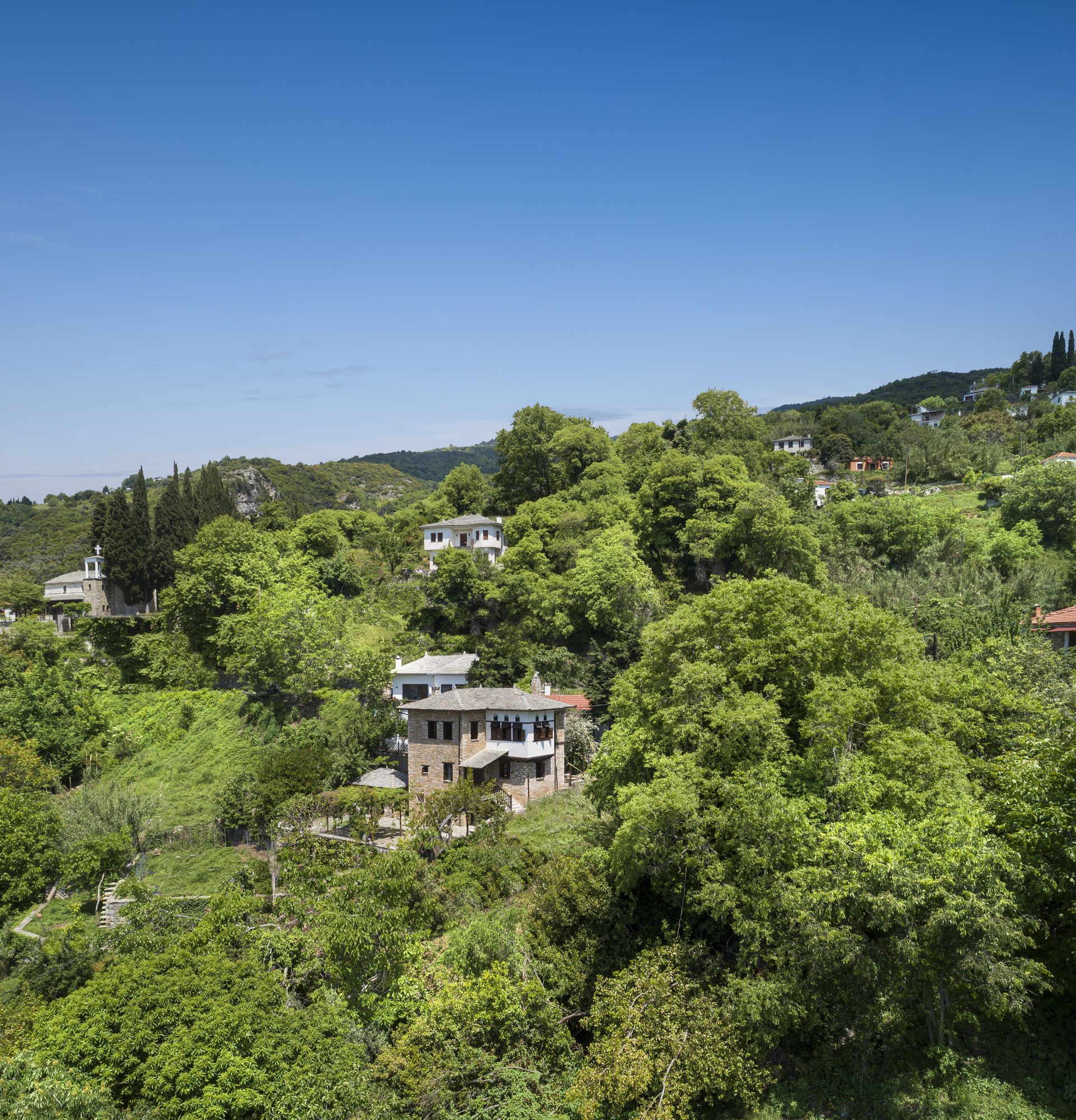 Houses nestled in lush green trees on a hillside under a blue sky.