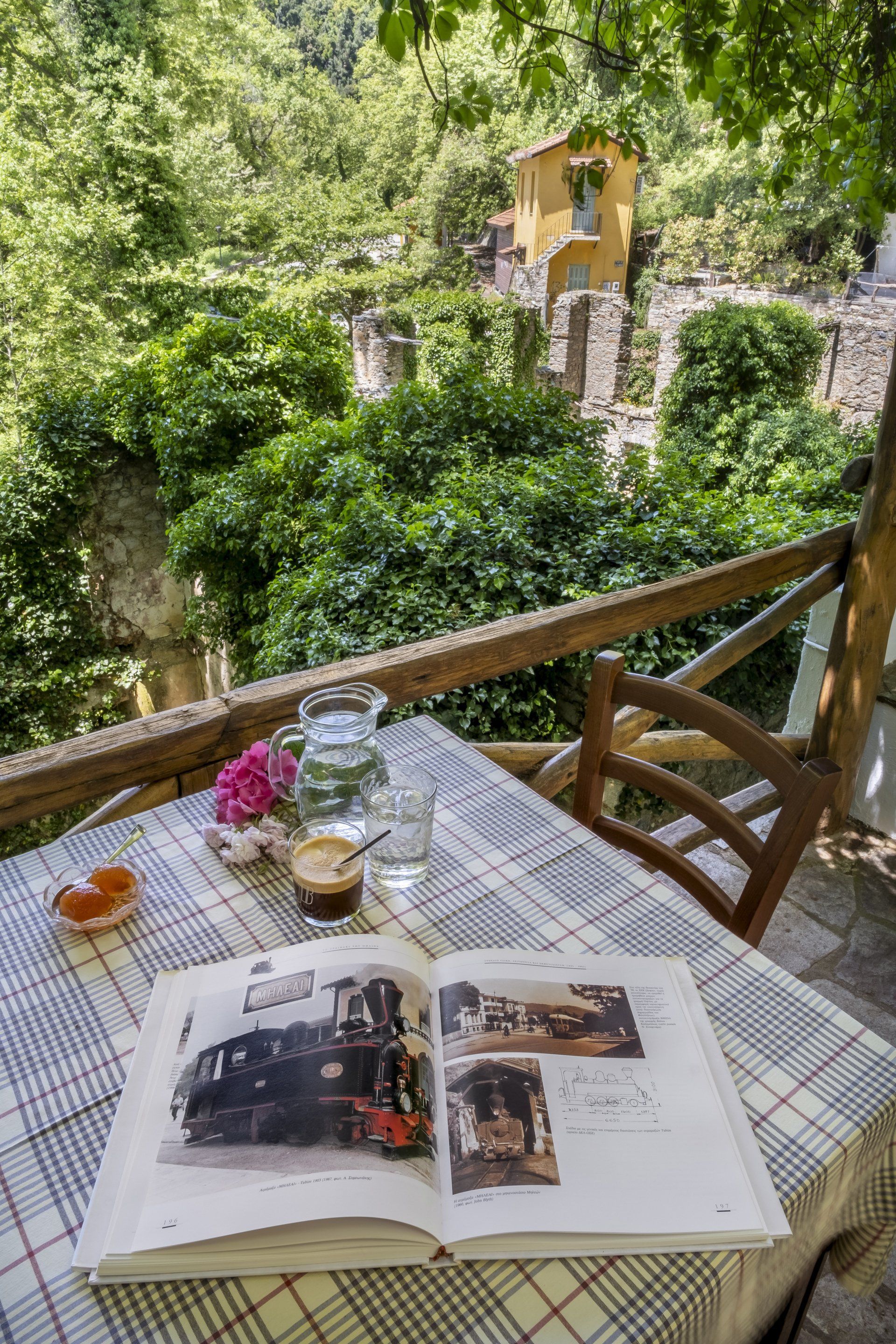 Table with book, glass, pitcher, and food on a patio overlooking lush greenery and buildings.
