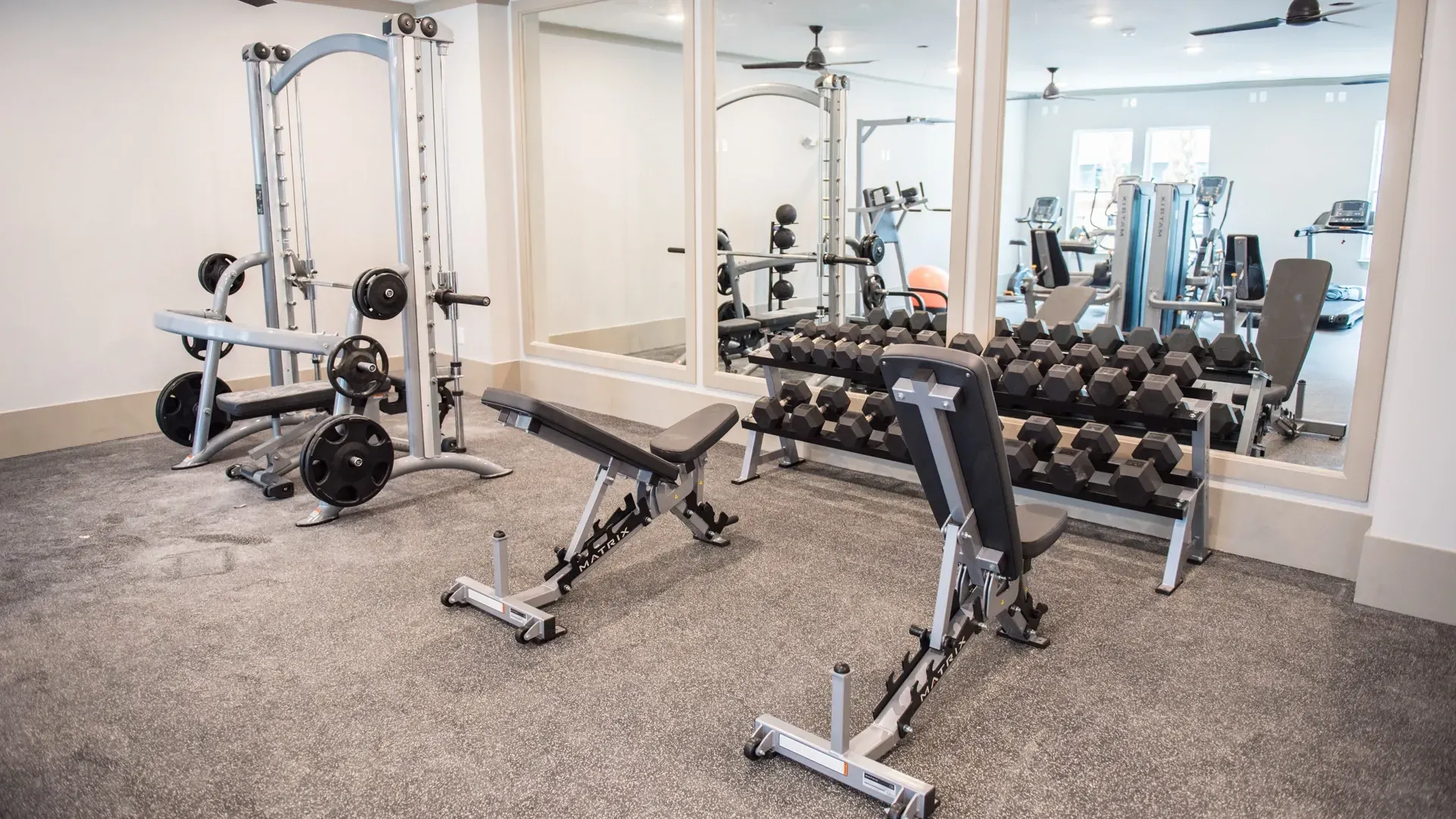Gym with weight machines, free weights, and benches.