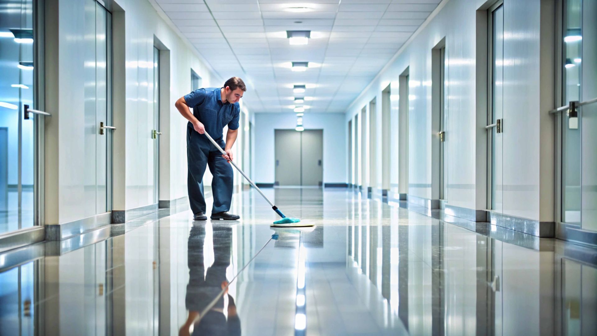Janitor mopping a glossy hallway floor, doors lining both sides.