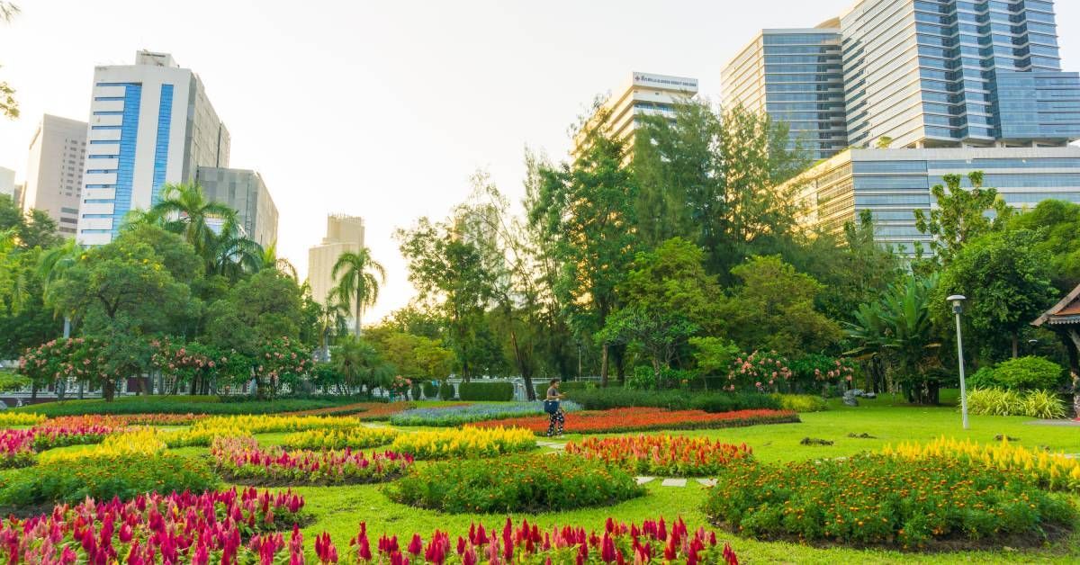 A park with colorful flower beds, green trees, and tall commercial buildings in the background during sunset.