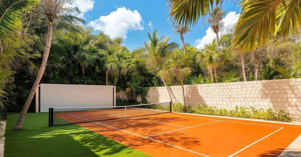 A beautiful backyard athletic court designed for tennis. There are palm trees surrounding the court and the sun is shining.