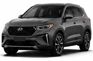 Dark gray Hyundai SUV on a white background, angled front view
