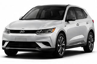 Silver Hyundai SUV on a white background, front three-quarter view