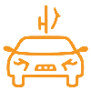 Orange line drawing of a car with a person inside, lit by a charging plug icon above.