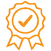 Orange award ribbon with a checkmark seal icon