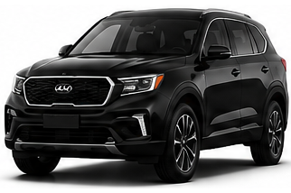 Black Kia SUV on a white background, front three-quarter view