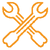 Crossed orange wrench and screwdriver icon on white background